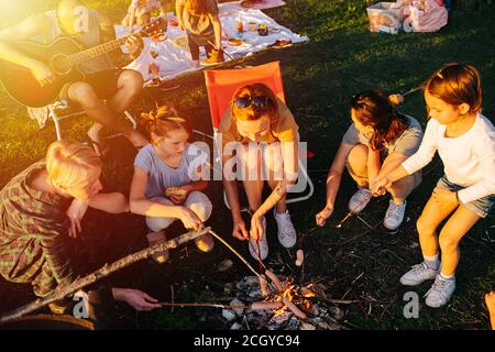 Freunde und Familie versammelten sich am Lagerfeuer, beim Picknick. An einem sonnigen Frühlingstag Stockfoto