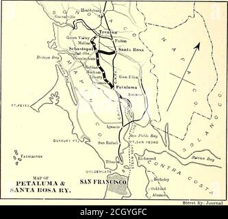 . Die Straßenbahn Zeitschrift . IETALUMAs URSPRÜNGLICHE SCHNELLTRANSPORTSYSTEME, die Petaluma & Santa Rosa Railway, wird hauptsächlich für die Abwicklung aller Arten von Express und Fracht gebaut, und, mit der möglichen Ausnahme des Watsonville-Systems, ist es die erste elektrische Eisenbahn in Kalifornien, die die Frachtfrage soumfassend am Anfang aufnimmt. Die Bahn wird auch das Passagiergeschäft so weit wie möglich entwickeln, und es wird interessant sein, das kombinierte Wachstum ihrer zwei Einnahmequellen zu beobachten. Juli 1905.] STREET RAILWAY JOURNAL. 11 die Petaluma & Santa Rosa Railway Exte Stockfoto