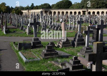 Die Kolonnaden und Grabsteine im Brompton Cemetery - ursprünglich der West of London und Westminster Cemetery - Kensington und Chelsea, London Großbritannien Stockfoto