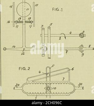 . American Engineer and Railroad Journal . ght on an even Kiel, and that the Shaft 8 is turning in the direction f the bent arrow ; then thi- Ritzel Hi rotiert frei zwischen den Zähnen der Zahnstange 7 und die Zahnstange bleibt stationär. Angenommen, der Kopf des Gefäßes steigt um zwei oder drei Grad, dann fällt das Pen-Dulum sofort gegen den After-Bar 15, hebt das Ritzel lb an und treibt dadurch die Zahnstange 7 von links nach rechts an.dieser Vorgang senkt die Deichsel I. anil mit ihr die Steuerebenen auf Welle 3. TI10 Effekt von diesem wird sein, das Heck leicht zu raiseund das Schiff auf 1 I wieder herzustellen Stockfoto