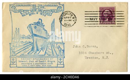 Brooklyn, New York, USA - 12. April 1933: Historischer Umschlag: Umschlag mit Cachet der Stapellauf des USS New Orleans Kreuzfahrtschiffes, Marinewerft Stockfoto