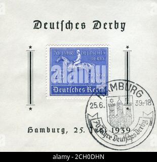 Hamburg, DEUTSCHLAND - 25. Juni 1939: Historische Briefmarke: 70. Jahrestag des Deutschen Derbys, 1869-1939, Deutschland, das Dritte Reich, erster Tag annullieren Stockfoto