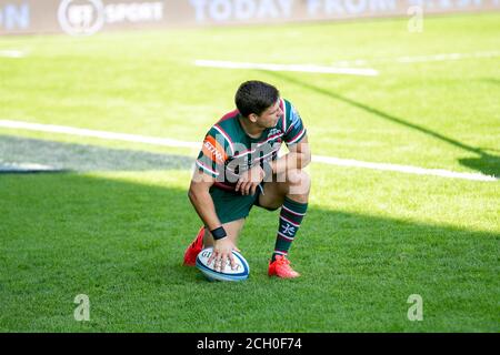 LEICESTER, ENGLAND. 13. SEPTEMBER 2020 Ben Youngs (vc) von Leicester Tigers punktet beim Gallagher Premiership Match zwischen Leicester Tigers und Northampton Saints in der Welford Road, Leicester am Sonntag, 13. September 2020. (Kredit: Leila Coker, MI News) Kredit: MI Nachrichten & Sport /Alamy Live Nachrichten Stockfoto