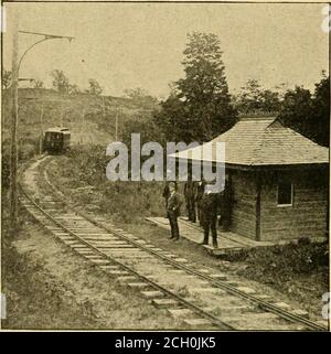 . Die Straßenbahn Überprüfung . UMGEKEHRTE KURVE AUF DER RIVERSIDE PARK LINE. Riverside Park Suburban Line, und die Lokomotiven, die früher entlang der Route schnaubte wurden gefeuert.die Linie ist 9 Meilen lang und erstreckt sich vom Zentrum der Stadt durch eine reizvolle Strecke durch Gassen und. Die Linie wurde mit erheblichen Kosten gebaut, und enthält einige schwere Schnitte, Böschungen, und ein trestle634 Fuß lang, die als auf einer 19-Grad-Kurve gebaut ist und mit einem 4 Prozent, Grad. Das Krafthaus ist ein komfortables Backsteingebäude am Riverside, und die Dampfanlage wurde von Westinghouse, CH, ausgestattet Stockfoto