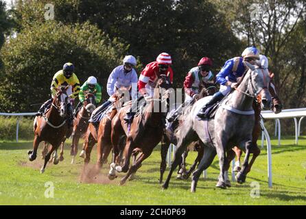 Eine allgemeine Ansicht von Läufern und Fahrern in den Schildern Express Handicap (Div 2) auf Bath Racecourse. Stockfoto