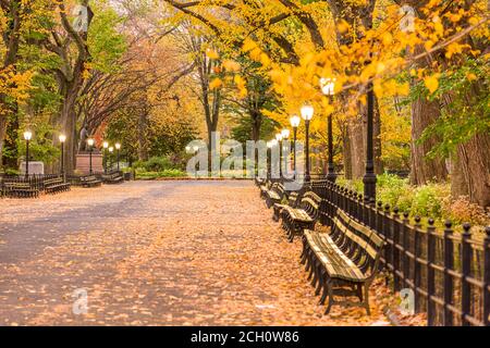 Central Park in der Mall in New York City im Herbst während der Dämmerung. Stockfoto