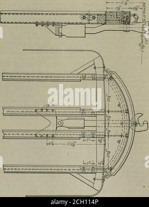 . Elektrische Eisenbahn Überprüfung . PORZELLANISOLATOREN. Washburn Kupplung - Art des Kopfes und Befestigung. Um um um kurze Radius Kurven zu betreiben, ist von großer Assistancein Handling Züge. Der in den Abbildungen dargestellte Kupplungstyp wurde von Edwin C. Wash-burn entworfen und wird von der Washburn Steel Castings & Coupler Company, Minneapolis, Minn., hergestellt. Washburn-Kupplung: Plan und Höhe. Aus den Abbildungen wird vermerkt, dass die Coupler und Zugtakelage so montiert sind, dass sie radial über einen Stift schwingen können, der sie mit einem Standard-radialen Zuganker verbindet, der mit der Mitte verschraubt ist Stockfoto