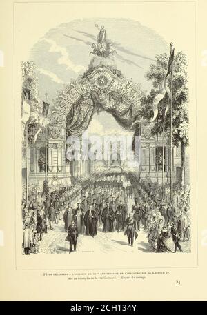 . Bruxelles à travers les âges . FÊTES CÉLÉBRÉES A LOCCASION DU XXV ANNIVERSAIRE DE LIN AUG U RATION DE LÉOPOLD i&lt; Fontaine élevée sur la Place de ÏHÔtel-de-Ville. - Départ des députations des Conseils communaux pour la pl.;. 426 BRUXELLES MODERNE. colonne für posé à laide dun cabestan sur les fondations de pierre. Le roi le scelladun peu de ciment, du bout dune truelle dargent. Dans la soirée, le roi offrit un Bankett à la législature au Palais de la Nation. Le Bankett eut lieu dans le Grand Vestibule du palais qui donne sur le Parc. Cevestibule avait été, par les soins de M. Suys, magiqu Stockfoto