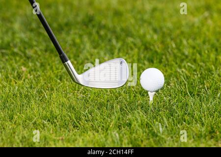 Golfball in der Hand des Golfspielers. Stockfoto