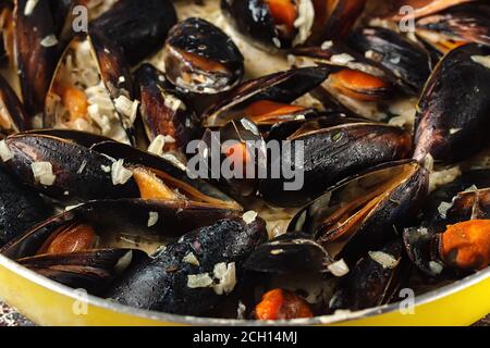 Moules Marinieres - Muscheln mit Weißweinsauce gekocht. Stockfoto