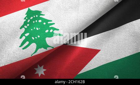 Libanon und Jordanien zwei Flaggen Textiltuch, Stoff Textur Stockfoto