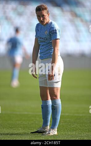 Ellen White von Manchester City erscheint nach einem verpassten Kopfball während des Barclays FA WSL-Spiels im Academy Stadium, Manchester, niedergeschlagen. Stockfoto