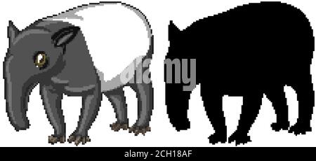 Tapir Zeichen und seine Silhouette auf weißem Hintergrund Illustration Stock Vektor