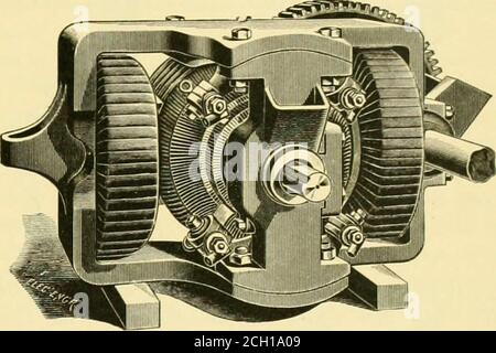 . Die Straßenbahnbesprechung. Das ganze Feld, bestehend aus spezialweichem Gussstahl, wird in einem Guss hergestellt, mit Ausnahme der Stangenstücke, die durch Schraubbolzen befestigt werden, nachdem die Spulen über die geraden Kerne an den Seiten geschoben wurden. Diese Polstücke, wird bemerkt, erstrecken sich füreine kurze Strecke über die Feldspulen hinaus, und practicallj- 80Prozent, der ganzen Spule ist bj- Eisen umgeben. Als Kult dieser Konstruktion und der Einsatz von Stahlguss ist die Magnetisierungskraft, die erforderlich ist, um die Eigenschaft der Magnetisierung zu erreichen, klein und von der Natur der constructio Stockfoto