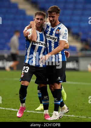 Barcelona, Spanien. September 2020. BARCELONA, SPANIEN. 12 2020. SEPTEMBER: Adri Embarba feiert sein Tor beim Liga SmartBank Spiel zwischen RCD Espanyol und gegen Albacete Balompie im RCD Stadion am 12. September 2020 in Barcelona, Spanien. (Foto von DAX/ESPA-Images) Quelle: European Sports Photo Agency/Alamy Live News Stockfoto