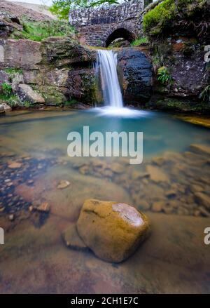 Die drei Shires Head Wasserfall am Treffpunkt von Derbyshire, Staffordshire und Cheshire. Stockfoto