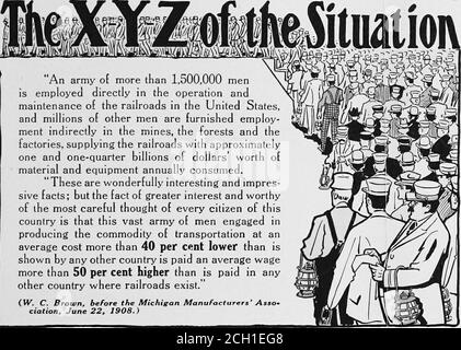 . Frachtraten und Eisenbahnbedingungen; Adressen und Korrespondenz . COPYRIGHT I ARREN J. LVNCH. Eine Armee von mehr als 1,500,000 menis, die direkt im Betrieb und in der Instandhaltung der Eisenbahnen in den Vereinigten Staaten beschäftigt sind, und Millionen anderer Männer werden indirekt in den Minen, den Wäldern und den Fabriken beschäftigt, Versorgung der Eisenbahnen mit etwa einem Viertel Milliarden Dollar an Material und Ausrüstung jährlich verbraucht. Dies sind wunderbar interessante und aufdrauftreibende Tatsachen; aber die Tatsache von größerem Interesse und wertvolles des vorsichtigsten Gedankens von jedem Stockfoto