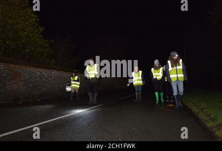 Kröte Patrouille auf einer belebten Hampshire Lane. Im Frühjahr jedes Jahr tausende von Kröten, Frösche und Molche aus ihrem Winterschlaf zu Zucht migrieren Stockfoto