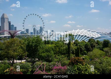 Singapur, Gardens by the Bay, Supertree Grove. Künstlich angelegte vertikale Gärten mit bis zu 16 Stockwerken. Singapur Skyline in der Ferne. Stockfoto