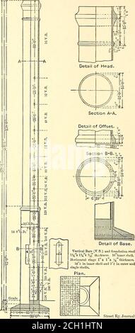 . Die Straßenbahn Zeitschrift . ABB. 1. – BLICK AUF DEN BETONKAMIN IM KURS OFCONSTRUCTION errichtet von der Weber Steel Concrete Chimney Company, Chicago. Abb. 1 zeigt den Schornstein während des Baus, und. ABB. 3. – ANZEIGE PLAN, HÖHE. SEC-TIONEN UND ANDERE DETAILS OFCONCRETE SCHORNSTEIN ABB. 2 – FERTIGBETONKAMIN ABB. 2 zeigt die abgeschlossene Arbeit. Abb. 3 ist eine Zeichnung, die die Abmessungen und einige der Details der construe zeigt - 21. Oktober 1905.] STREET RAILWAY JOURNAL. 783 tion. Der Schornstein ist 230 m hoch mit einem 12 m hohen Schornstein. Die Arbeiten wurden am 18. März 1905 begonnen und am 12. März 1905 abgeschlossen Stockfoto