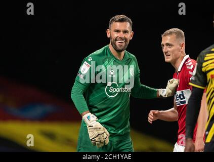 Watford, Großbritannien. September 2020. Torwart Ben Foster von Watford und George Saville von Middlesbrough während des Sky Bet Championship-Spiels zwischen Watford und Middlesbrough in Vicarage Road, Watford, England am 11. September 2020. Foto von Andy Rowland. Kredit: Prime Media Images/Alamy Live Nachrichten Stockfoto