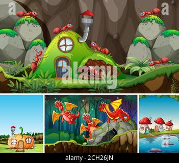 Vier verschiedene Szene der Fantasy-Welt mit Fantasy-Zeichentrickfigur Wie Drachen und Ameise mit Ameisenpanzer Illustration Stock Vektor