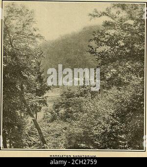 . Baltimore & Ohio Resorts und Quellen, Sommer 1905 . wertvolle inder Behandlung von Blutkrankheiten und chronischer Entzündung. Es gibt ausgezeichnete Hotelunterkünfte. MARKLETON, PA. Markleton Sanatorium liegt an der Hauptlinie der Baltimore & Ohio Railroad, zwischen Cumberland und Pittsburg, in einer abgeschiedenen Ecke in den Alleghenies, eingeschlossen in den Bergen von der Außenwelt, und bietet einen ruhigen, erholsamen Rückzugsort für Kranke, heruntergekommenen und abgewanderten. Das Sanatorium ist von schönen undromantischen Spaziergängen und Fahrten umgeben, und die Wälder und die Bachwege über es liefern herrlichen Sport. Die Höhe Stockfoto