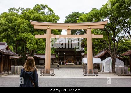 Harajuku, Tokio / Japan - 16. Juni 2018: Der Meiji-jingu-Schrein ist ein Shinto-Tempel in Tokio mit wunderschönen Gärten und großen Torii-Toren. Stockfoto