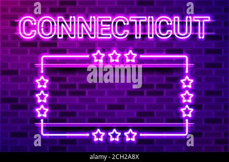 Connecticut US State leuchtend lila Neon-Schriftzug und ein rechteckiger Rahmen mit Sternen. Realistische Vektordarstellung. Violette Ziegelwand, violette Glut, Stock Vektor