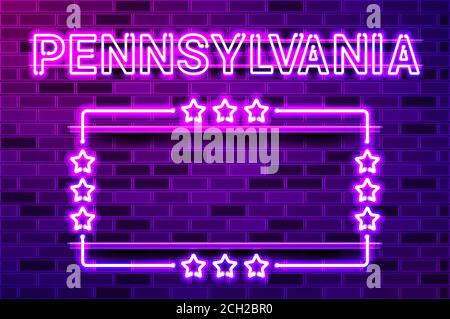 Pennsylvania US State leuchtend lila Neon-Schriftzug und ein rechteckiger Rahmen mit Sternen. Realistische Vektordarstellung. Violette Ziegelwand, violette Glut, Stock Vektor