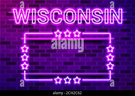 Wisconsin US State leuchtend lila Neon-Schriftzug und ein rechteckiger Rahmen mit Sternen. Realistische Vektordarstellung. Lila Ziegelwand, violette Glut, ich Stock Vektor