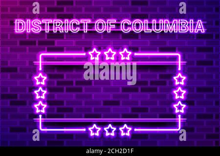 District of Columbia leuchtender Lila Neon Schriftzug und ein rechteckiger Rahmen mit Sternen. Realistische Vektordarstellung. Violette Ziegelwand, violette Glut, Stock Vektor