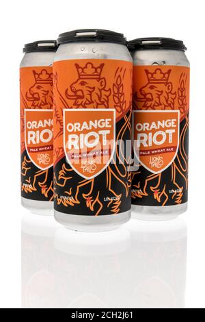 Winneconne , WI - 12. September 2020: Ein vierer Pack Orange Riot blass Weizen Ale Bier von Lions Tail Brauen auf einem isolierten Hintergrund. Stockfoto