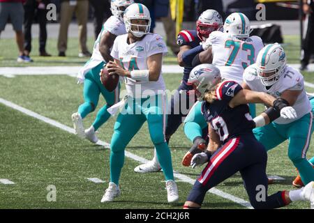 Foxborough, Usa. September 2020. Miami Dolphins Quarterback Ryan Fitzpatrick (14) fällt für einen Pass im ersten Quartal gegen die New England Patriots am Sonntag, 13. September 2020 im Gillette Stadium in Foxborough, Massachusetts. Foto von Matthew Healey/UPI Kredit: UPI/Alamy Live Nachrichten Stockfoto