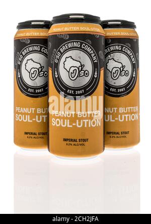 Winneconne , WI - 12. September 2020: Eine vierer Packung Erdnussbutter Soul-ution Imperial Stout Bier von Oso Brauen auf einem isolierten Hintergrund. Stockfoto