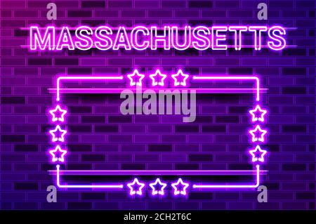 Massachusetts US State leuchtend lila Neon-Schriftzug und ein rechteckiger Rahmen mit Sternen. Realistische Vektordarstellung. Violette Ziegelwand, violette Glut Stock Vektor