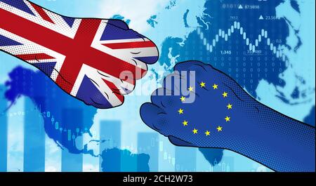 Konflikt zwischen Großbritannien und der Europäischen Union. Beziehungen zwischen der Europäischen Union und dem Vereinigten Königreich. Großbritannien im Vergleich zur EU. Brexit. Stockfoto