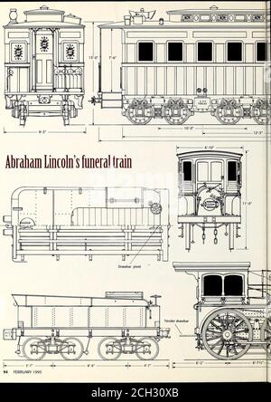 . Die Ermordung von Abraham Lincoln . Spezielle Fahrpläne ausgestellt von Schienen-Straßen entlang der Strecke informiertdie Öffentlichkeit der Bestattungszüge Zeitplan. Die Fahrpläne waren acitizens primäre Art zu wissen, wann der Zug gesehen werden konnte. Library of Congress die Cleveland, Columbus & Cincinnati Lokomotive Nashville zeigte drei Bilder von Lincoln und zwei speziell gestaltete Flaggen mit einem großen zentralen Stern für den präsidenten und kleinere Sterne für die Staaten in der Union. Das Bild wurde in Cleveland aufgenommen. MODELLBAHNER 93. 94 FEBRUAR 1995 JZ^l. ^ I3],QiJ^IQllZIIQ^[^01JZZZIlQ^[^0iIZ^IlQ[   01CZllQ  [   SR Stockfoto