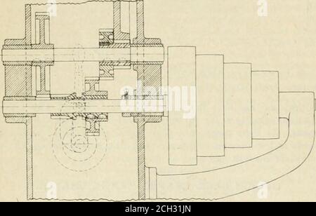 . Amerikanischer Ingenieur und Eisenbahn Zeitschrift . QUEEN CITY BACK GEARED i HANK SHAPER. Lauf der Verzahnung zum anderen wird durch einen Hebel gemacht, der die Schiebegetriebe auf der Antriebswelle betätigt, wie auf der Zeichnung gezeigt. Die Schiene ist sehr schwer und hat reichlich Verschleißflächen. Die Quertraverse beträgt 30 Zoll und die Schraube hat einen agradierten Kragen. Die vertikale Einstellung erfolgt durch Kegelräder, die vor Spänen und Staub und Luft geschützt sind, die mit Kugellagern versehen sind. Ein Nocken sorgt für den schnellen Vorschub-Wechsel ohne Maschinenstopp. Der Tisch ist boxform, T geschlitzt auf der Oberseite und den Seiten und Stockfoto