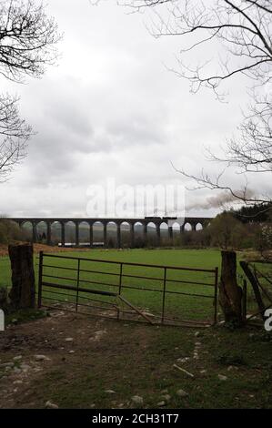 '44871' führt '45407' durch das Viadukt von Cynghordy mit einem Zug in Richtung Norden. Stockfoto