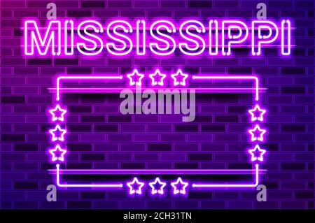 Mississippi US State leuchtend lila Neon Schriftzug und ein rechteckiger Rahmen mit Sternen. Realistische Vektordarstellung. Violette Ziegelwand, violette Glut, Stock Vektor