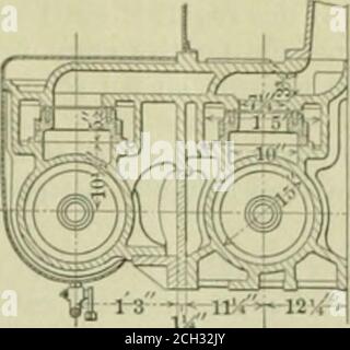 . Amerikanischer Ingenieur und Eisenbahn Zeitschrift . ELEVATIONS OF Fori; ZYLINDER EINFACH LOCOMOTIV] Mari i AMERIKANISCHER INGENIEUR UND EISENBAHN fOURNAL. 1D3-Durchmesser im mittleren Teil zwischen den beiden inneren Kurbelweben beträgt 7 Zoll Die Kurbelweben sind von der kreisförmigen oder Scheibe Muster, mit einem di-ameter von i ft. 81^ Zoll und eine gleichmäßige Dicke von 4 Zoll Der Abstand zwischen den Zentren der Zapfen ist 3 ft. G/: In. Und zwischen den Zentren der inneren Kurbelzapfen 2 ft. t in. Der Abstand zwischen den Inneneinzählern der Zylinder beträgt 2 ft. .&gt; in. Und die entsprechende Dimension für die Außenzylinder beträgt 6 ft. 7^2 Zoll Die Vorderseite en Stockfoto