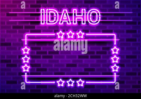 Idaho US State leuchtend lila Neon Schriftzug und ein rechteckiger Rahmen mit Sternen. Realistische Vektordarstellung. Lila Ziegelwand, violette Glow, Metall Stock Vektor