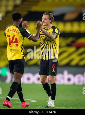 Watford, Großbritannien. September 2020. Ben Wilmot & Nathaniel Chalobah aus Watford während des Sky Bet Championship-Spiels zwischen Watford und Middlesbrough am 11. September 2020 in der Vicarage Road, Watford, England. Foto von Andy Rowland. Kredit: Prime Media Images/Alamy Live Nachrichten Stockfoto