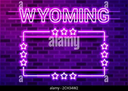 Wyoming US State leuchtend lila Neon Schriftzug und ein rechteckiger Rahmen mit Sternen. Realistische Vektordarstellung. Lila Ziegelwand, violette Glut, meta Stock Vektor