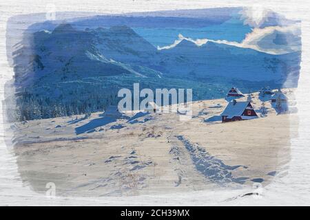 Aquarell Malerei der Tatra im Winter Stockfoto