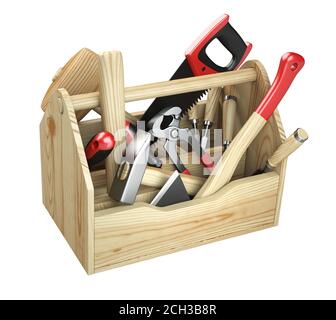 Eine hölzerne Werkzeugkiste mit Axt, Meißel, Zange, Hammer, Schraubendreher, Schraubenschlüssel, Säge und Drahtschneider. 3d-Illustration isoliert auf einer weißen BA Stockfoto