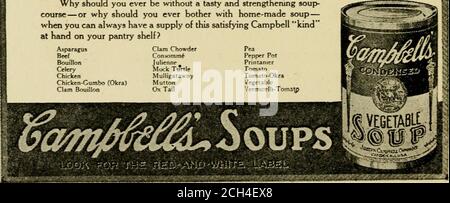 . Die Typografie der Anzeigen, die zahlen : wie wählen und kombinieren Sie Typ Gesichter, Gravuren und alle anderen mechanischen Elemente der modernen Werbekonstruktion . Ernährung. Denken Sie an fünfzehn verschiedene Gemüse in einer Suppe! Ausgewählte weiße Kartoffeln aus Maine, die besten Jersey-Süßigkeiten, feine Rutabaga-Rüben aus Kanada, ausgewählte Karotten der französischen Art - Chantenay, saftige grüne Okra, Baby lima Bohnen, kleine Erbsen, Tomaten, Sellerie.Dutch Kohl und zarte com sind alle in dieser verführerischen Kombination enthalten. Wir fügen Reis, Gerste, ein wenig zarte Lauch und Zwiebel, frische Kräuter, feine Gewürze Stockfoto