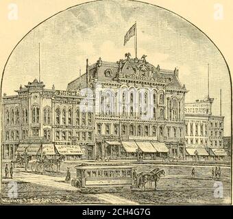 . Detroit und die Pleasure Resorts im Norden von Michigan. Komplimente der Passagier-Abteilung . E Detroit Opera House, vor dem Campus Martius.Whitneys Grand Opera House, Ecke Fort und Shelby Streets.Music Hall, Ecke Randolph und Monroe. Die Öffentliche Bibliothek im Center Park wurde für 125,000 Dollar fertiggestellt und verfügt über eine gut ausgestattete Bibliothek. Eine Fahrt durch die Woodward Avenue zeigt die immensen Einzelhandelsgeschäfte der Stadt, deren morenotable die Trockenwarengeschäfte von Newcomb, Endicott & Co., undTaylor, Woolfenden & Co. Sind.Weiter geht es durch den Grand Circus Park,•der Ursprung war Stockfoto