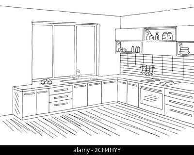 Küche Zimmer Interieur Grafik schwarz weiß Skizze Illustration Vektor Stock Vektor